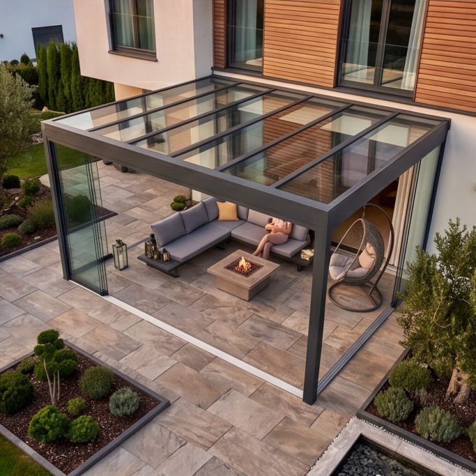 Moderne Terrasse mit Glasüberdachung, Sitzbereich und Gartenanlagen.