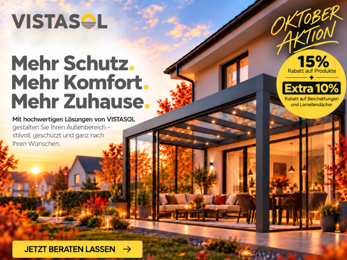 Moderne Terrasse mit Tisch und Stühlen, Rabattanzeige oben rechts.