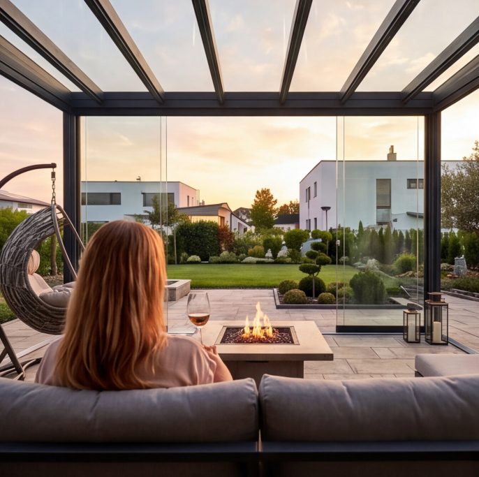 Frau sitzt mit einem Glas Wein vor einem modernen Garten bei Sonnenuntergang.
