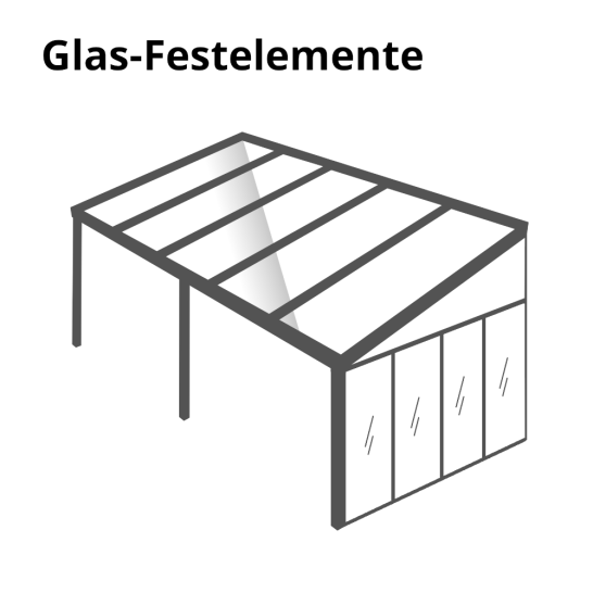 Terrassenüberdachung mit transparentem Dach und vertikalen Glas-Festelementen.
