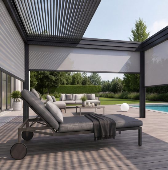 Moderne Terrasse mit Lounge-Möbeln und einem Pool im Hintergrund. Sonnenschutz vorhanden.