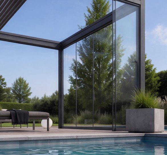 Moderne Terrassenüberdachung aus Glas neben einem Pool und einer grünen Umgebung.