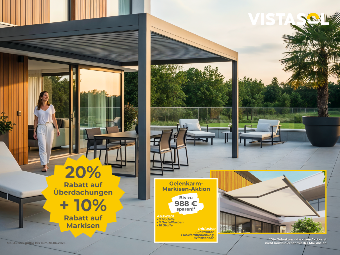 Moderne Terrasse mit Tisch und Stühlen, Rabattanzeige oben rechts.