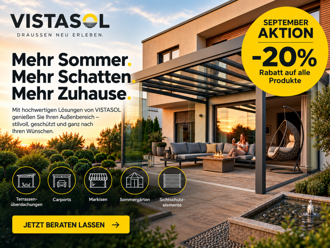 Moderne Terrasse mit Tisch und Stühlen, Rabattanzeige oben rechts.