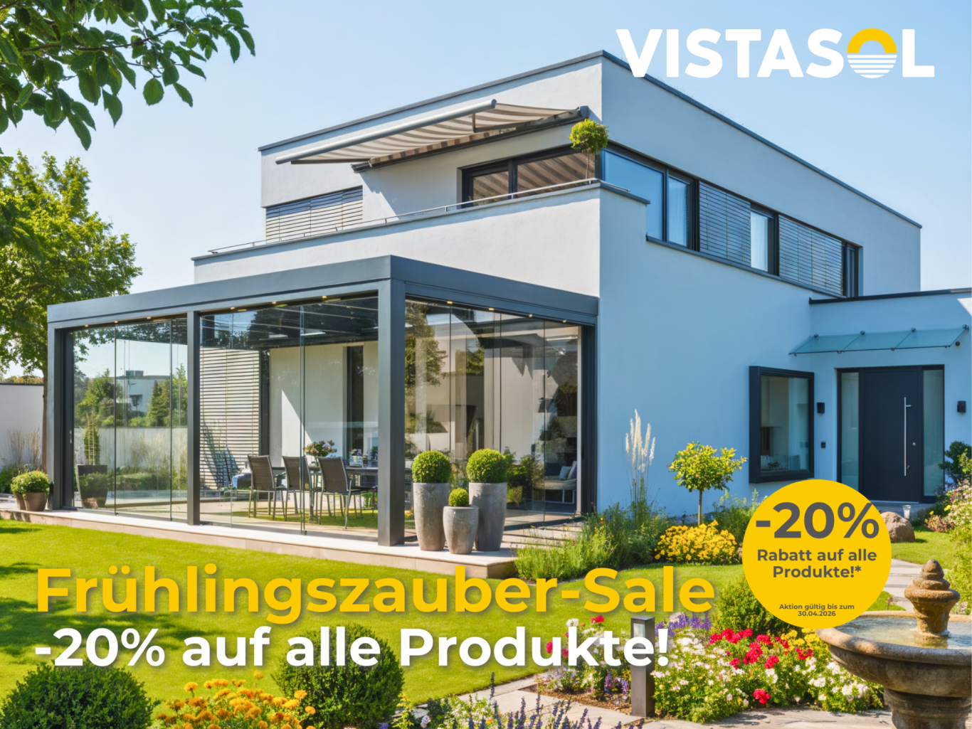 Moderne Terrasse mit Tisch und Stühlen, Rabattanzeige oben rechts.