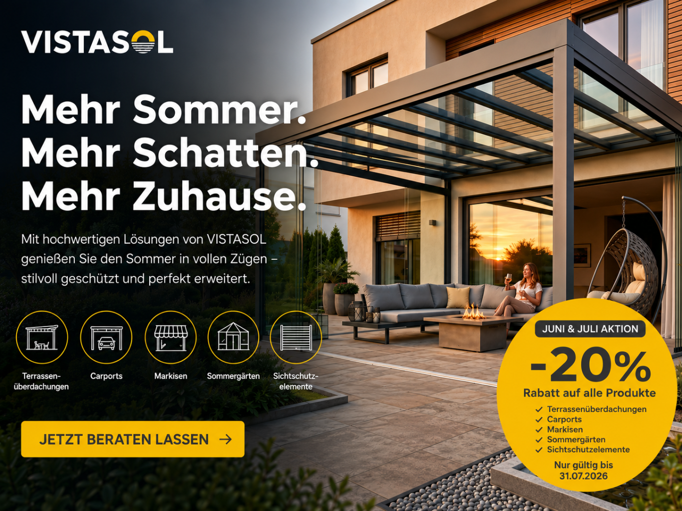 Moderne Terrasse mit Tisch und Stühlen, Rabattanzeige oben rechts.