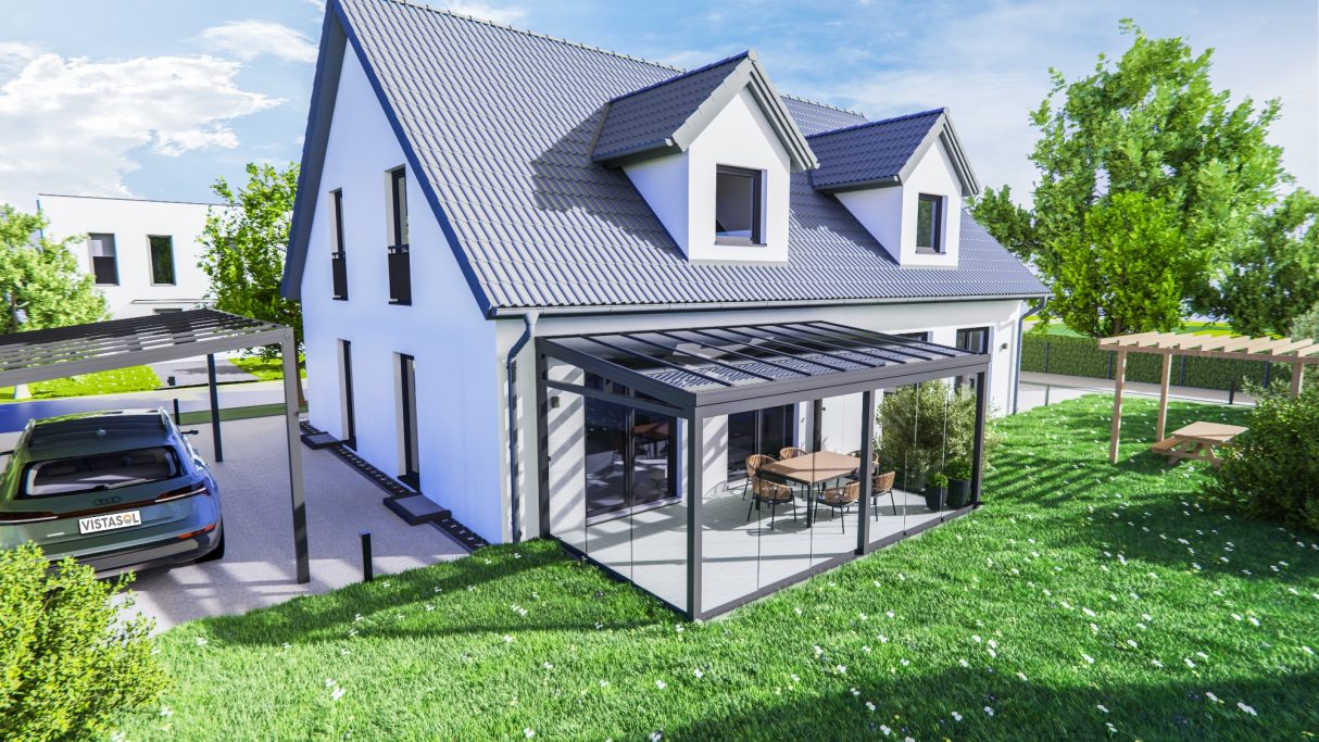 Moderner zwei-stöckiger Wohnhaus mit Terrasse und Garten in einer grünen Umgebung.