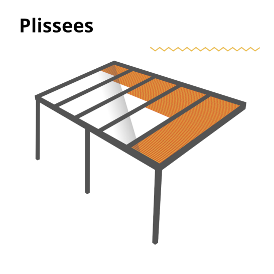 Plissee mit orangefarbenen und transparenten Paneelen auf einem Gestell.